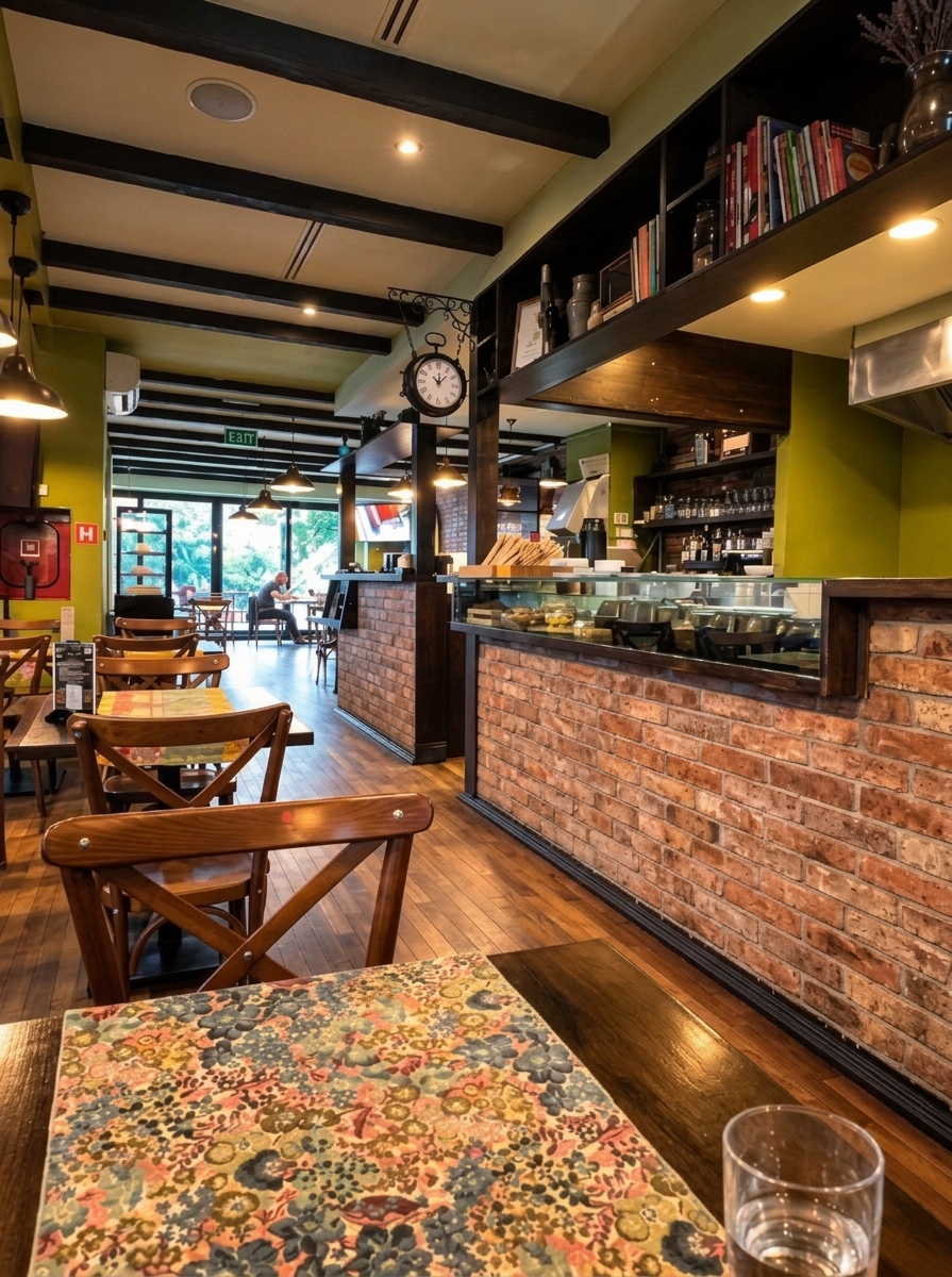 Interiorul Bistro Sorriso, cu barul și cărămida aparentă